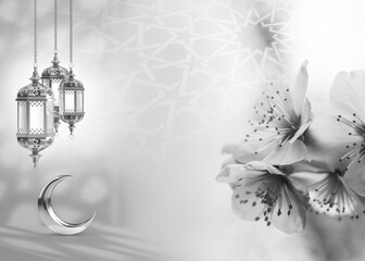 Ramadan Kareem. Islamic greeting template with ramadan for wallpaper design. Poster, media banner . Silver lamp and a crescent on a gray . Silver lamp and a crescent moon on a gray
 