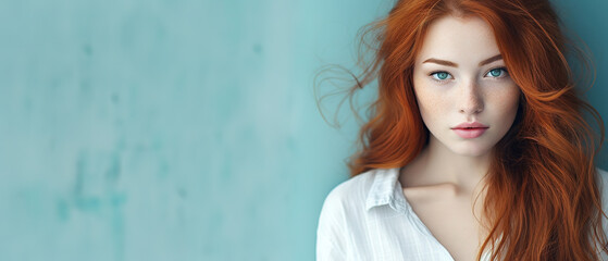 Gorgeous red hair and freckles woman with open eyes touching her perfect skin. Beautiful portrait woman, skin isolated on light blue background, with empty copy space - obrazy, fototapety, plakaty