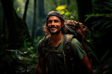 Young male traveller with a large rucksack is hiking