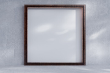 Empty picture frame in white room in modern minimal style. Background template for presentation cover poster, image. 3d realistic illustration.