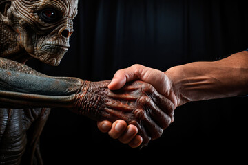 Human and alien shaking hands. Extraterrestrial contact concept