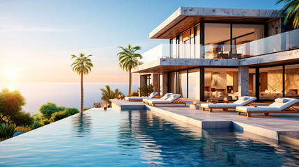 Fototapeta premium Luxury single-family home with infinity pool facing the ocean