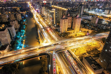 Aerial photography of night scenes in the old city of Hangzhou