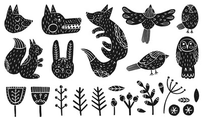Vector set of forest animals and plants in Scandinavian style. Black silhouettes of animals, leaves and branches with Scandi ornaments.