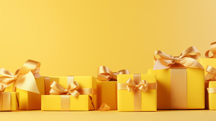 yellow gift boxes with ribbons on a yellow background. festive background with place for text