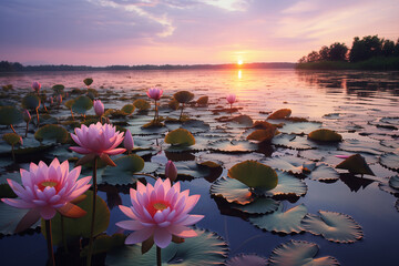pink lotus flowers on the river at sunset