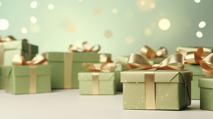 Pistachio colored gift boxes with ribbons on pistachio background