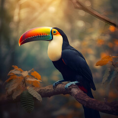 Obraz premium Toucan bird sitting on a branch in the forest at sunset