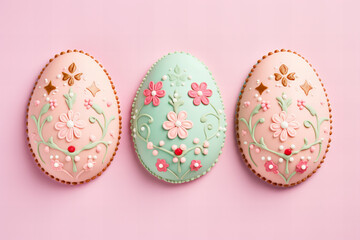 Fototapeta na wymiar three egg shaped decorated gingerbreads on a pastel background, Easter sweets in vibrant pink, green and coral pastel colors, flat lay