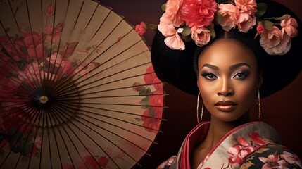 A Woman in a Kimono with Floral Headpiece