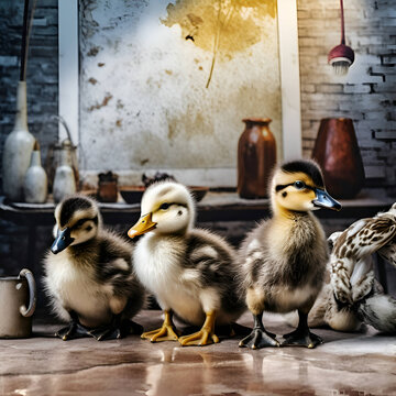 Cute ducklings in the kitchen. Vintage style toned picture