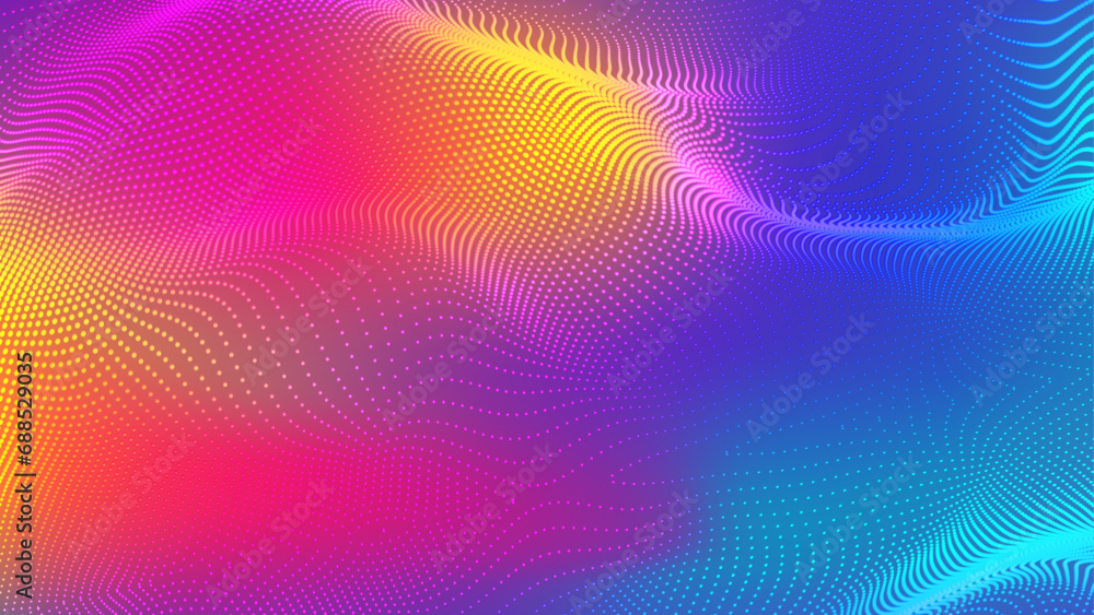 Poster abstract futuristic vibrant gradient wave with moving dots. flow of particles with glitch effect. id