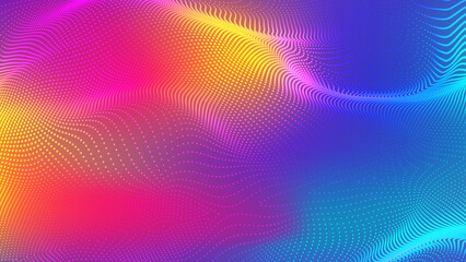 Abstract futuristic vibrant gradient wave with moving dots. Flow of particles with glitch effect. Ideal vector graphics for brochures, flyers, magazines, business cards and banners. Vector.