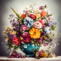 Bouquet of colorful flowers in a vase on a table