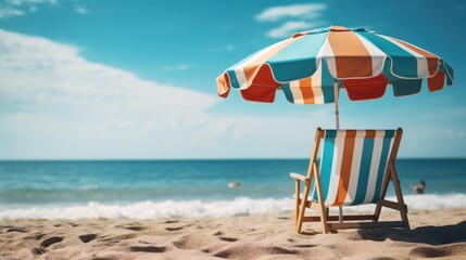 A beach chair and umbrella on the beach.