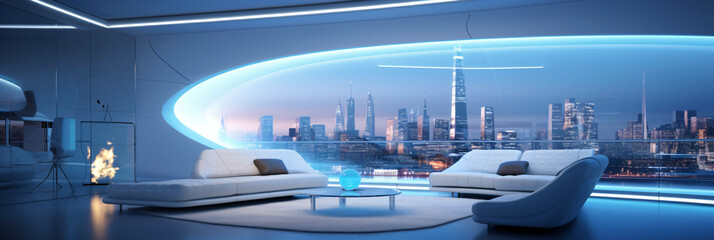 futuristic apartment interior design with panorama window and seating area