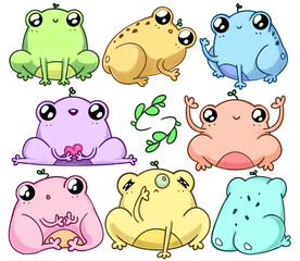 colorful сute frogs pack. green, orange, dark blue, violet frog, red, pink, yellow, blue. stickers for kids 