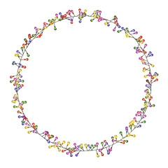 Illuminate your celebrations with this 3D illustration of a circular frame of glowing multicolored string lights. PNG