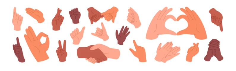 Fotobehang Human hands gesture set. Sign language. Expressions with pointing fingers, grip fist, greeting palms. Love symbol, handshake, touches. Communication concept. Flat isolated vector illustration on white © Paper Trident