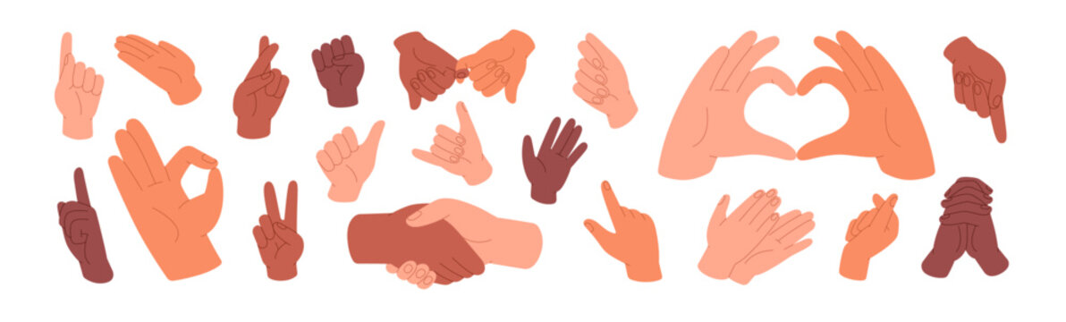 Human hands gesture set. Sign language. Expressions with pointing fingers, grip fist, greeting palms. Love symbol, handshake, touches. Communication concept. Flat isolated vector illustration on white
