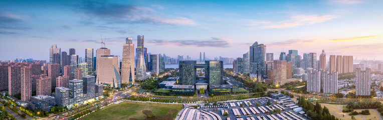 Aerial photo of the night view of the Qiantang River Financial Center in Hangzhou