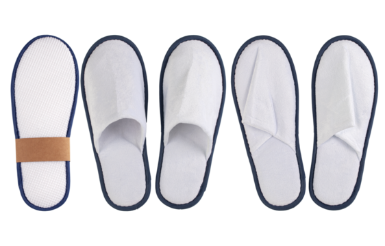 disposable hotel slippers made of white material with blue edging, isolated on a white background
