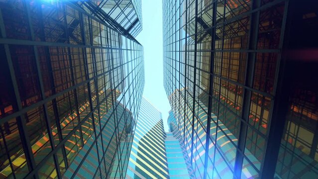 High Rise Buildings with Modern Architecture in Large City Metropolis. POV View of Skyscraper Banks Buildings in the Hong Kong City. Corporate Offices of Successful Companies. Sun Flares