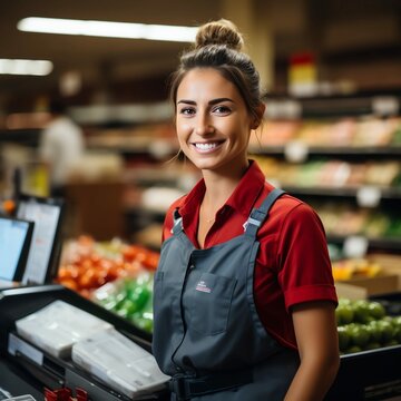 portrait of female cashier in supermarket