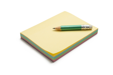Block of colored sticky notes with a green pencil
