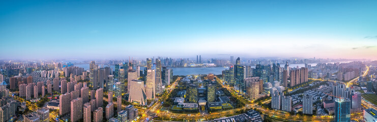 Aerial photo of the night view of the Qiantang River Financial Center in Hangzhou