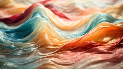 Abstract background of multicolored fine threads of silk and wavy motion dynamic. 3D rendering illustration for design, backdrop, template, wallpaper