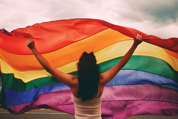 woman celebrating pride day with rainbow flag lgbt, Generative AI