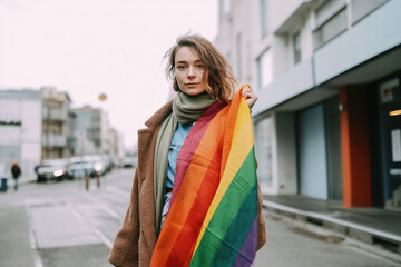 young woman with rainbow flag on the street pride day, Generative AI