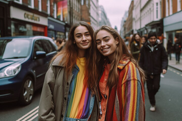 lesbian couple celebrating pride day on the street, Generative AI