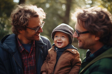 happy gay men couple with their child, Generative AI