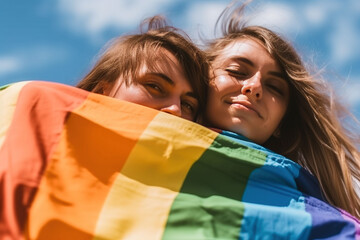 lesbian couple celebrating pride day lgbtq+ rainbow flag, Generative AI