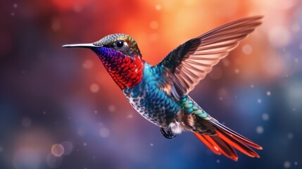 Obraz premium Colorful glossy blue and red metallic hummingbird, photography, bright background, and blurred