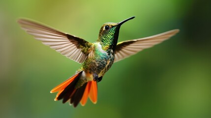 Fototapeta premium colorful glossy green and brown metallic hummingbird, photography, bright background, and blurred