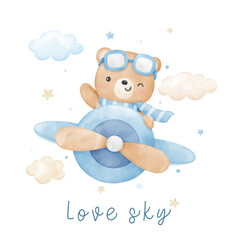 Watercolor baby bear flying on airplane Nursery kids Birthday