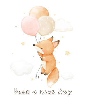 Watercolor cute fox with balloon Nursery kids Birthday Baby shower