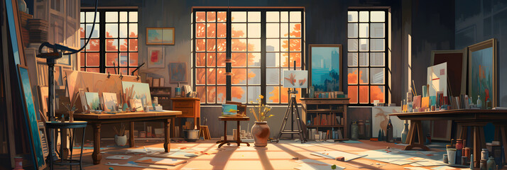 Interior of an artist's painter's studio illustration of a room with a view - obrazy, fototapety, plakaty