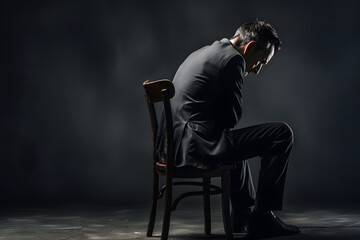 Sad and depressed businessman sitting on a chair and despairs