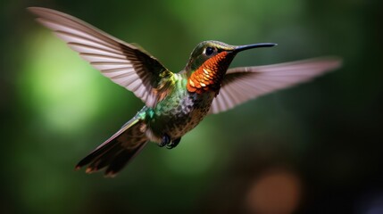 Fototapeta premium colorful glossy green and brown metallic hummingbird, photography, bright background, and blurred