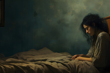 Illustration of a woman in depression side portrait on the bed with copy space - obrazy, fototapety, plakaty