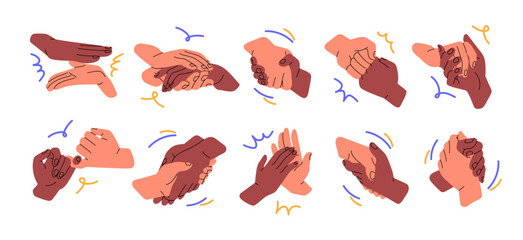 Two hands hold together set. Different kinds of touching with motion lines: love, support, greeting, handshake. Interracial friendship, partnership concept. Flat isolated vector illustration on white