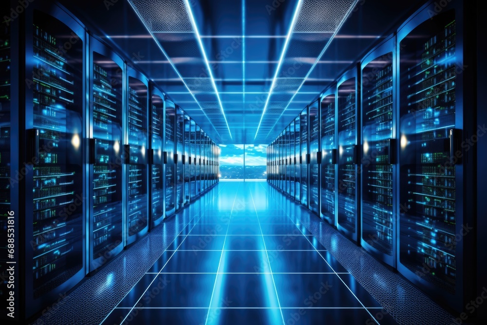 Poster a row of servers in a data center.