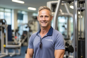 Experienced Physiatrist Focused on Patient Rehabilitation Using Cable Machine at Professional Gym Equipment