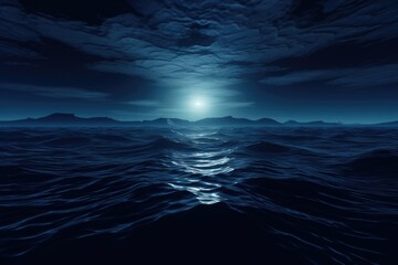 Dark Water Surfaces at Night. Abstract 3D Illustration of Rippled Ocean Waves in Moonlight