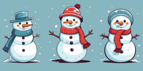 Cheerful Cartoon Snowman Set for Happy Christmas Cards. Isolated Snowmen with Big Smiles, Blue Background & Tree Branch Accents