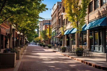 Downtown Boulder, Colorado. Scenic View of Pearl Street Mall - A Pedestrian Area in the Heart of the City's Business District - obrazy, fototapety, plakaty
